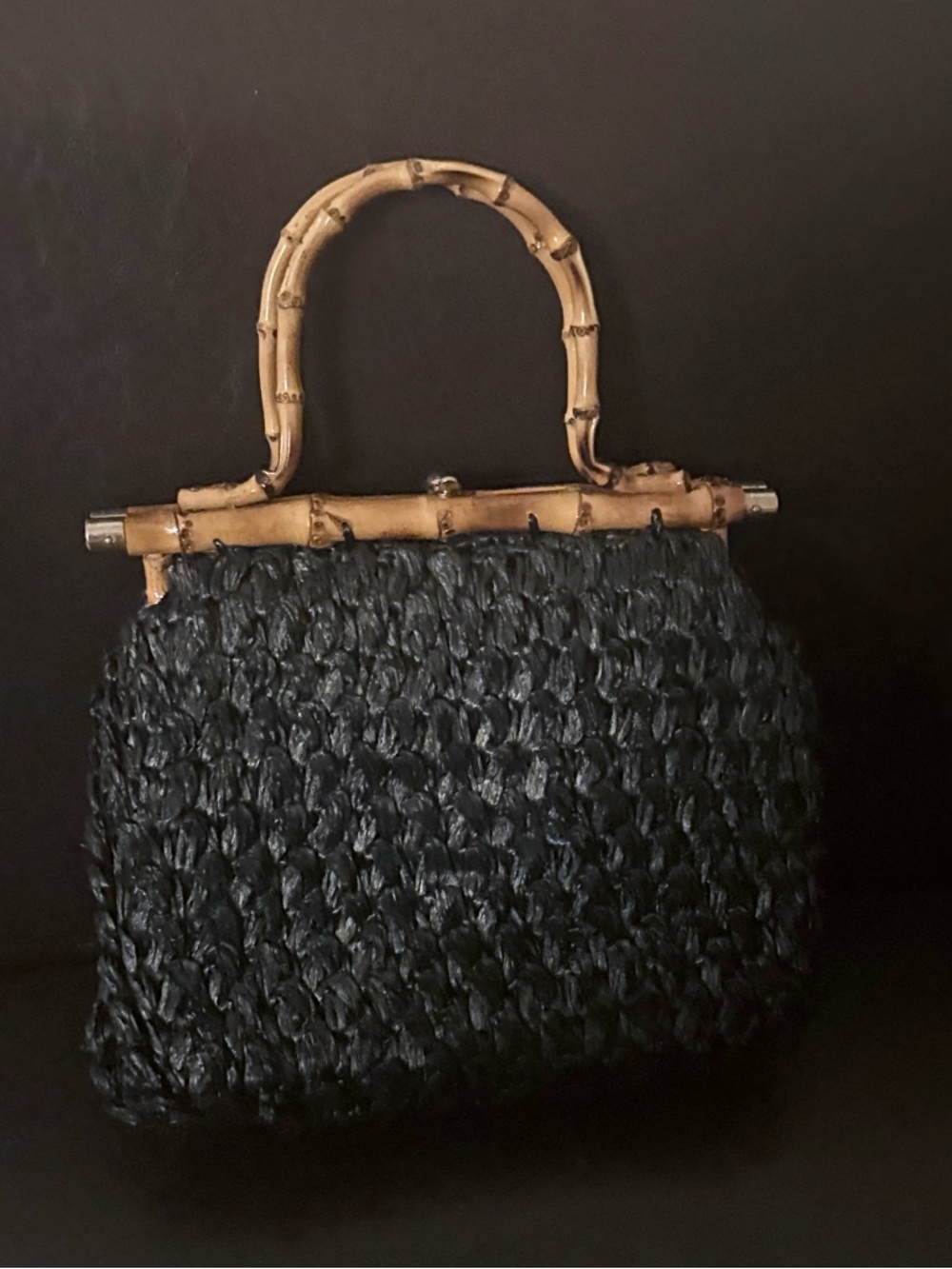 Woven Black Handbag with Bamboo Handle